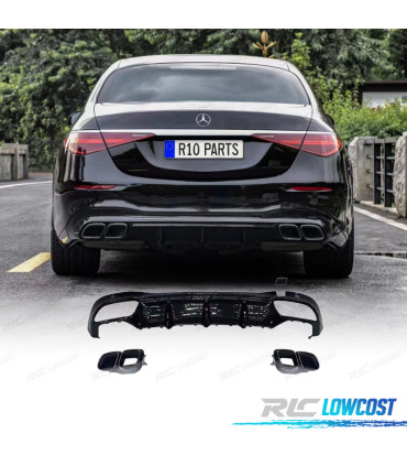 DIFFUSEUR MERCEDES CLASSE S W223 21-24 LOOK AMG S63 NOIR BRILLANT + EMBOUTS D'ÉCHAPPEMENT