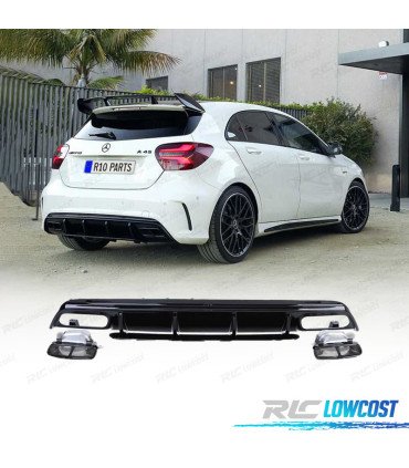 DIFFUSEUR MERCEDES CLASSE A W176 15-18 LOOK AMG A45 NOIR BRILLANT + EMBOUT D´ÉCHAPPEMENT