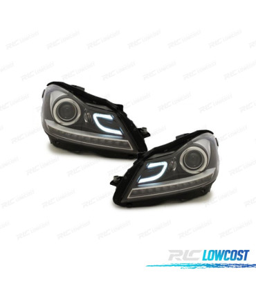 PHARES MERCEDES CLASSE C W204 11-14 FEUX DE JOUR À LED TUBE + LED FOND NOIR CHROMÉ