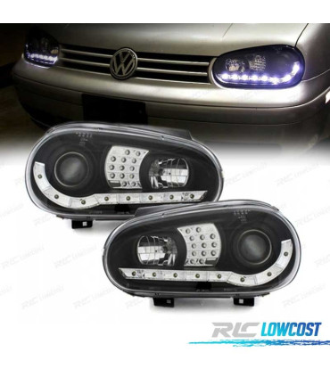 PHARES LED DAYLIGHT VOLKSWAGEN VW GOLF 4 NOIR + FOND CHROMÉ