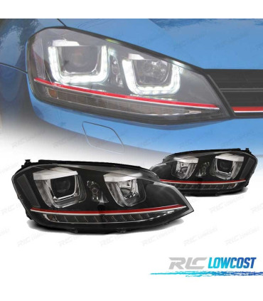 PHARES VOLKSWAGEN VW GOLF 7 12-17 U-TYPE DRL DYNAMIQUES NOIR LIGNE ROUGE