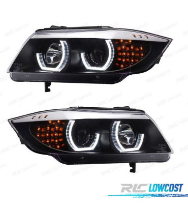 PHARES BMW E90 E91 05-08 ANGEL EYES 3D LED + CLIGNOTANTS LED FOND NOIR