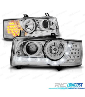 PHARES VOLKSWAGEN VW T4 TRANSPORTER 90-03 FEUX DIURNES +LED CLIGNOTANT FOND CHROMÉ