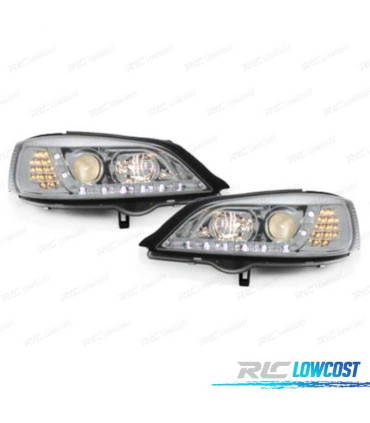 PHARES OPEL ASTRA G 97-04 FEUX DIURNES LED FOND CHROMÉ